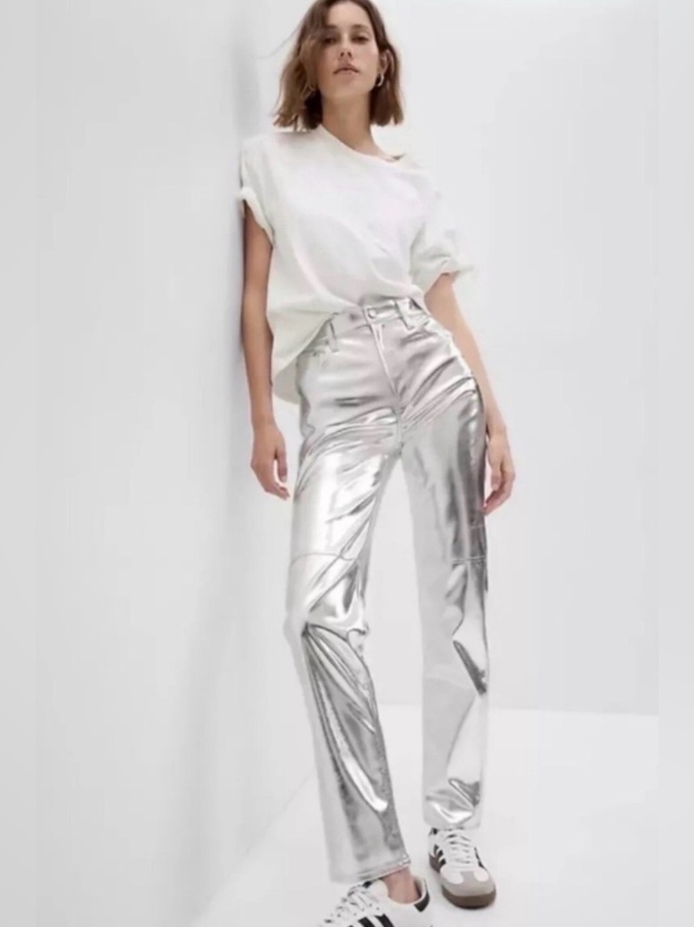 NWT Gap High Rise Vegan Leather Cheeky Straight Pants, Metallic Silver
